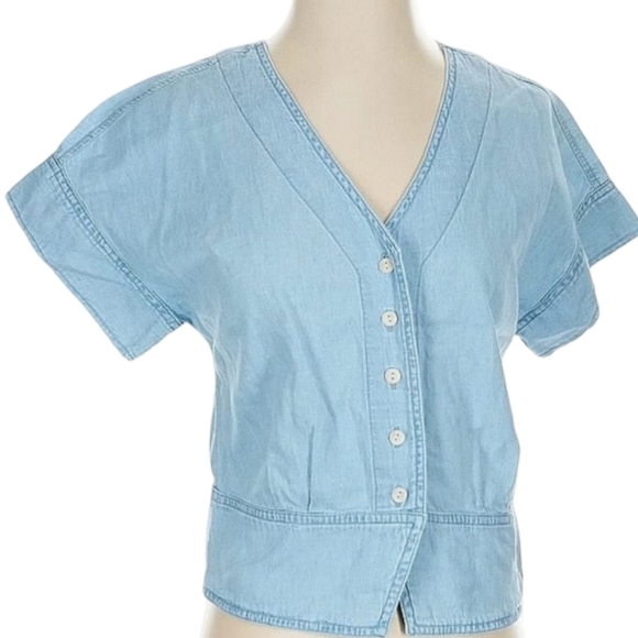 Madewell Blue Denim Pleated Short-Sleeve Top Size Small NWT - Picture 9 of 14